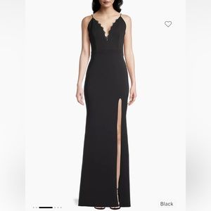 NWT Katie May- Saylor Feathered Black V- Neck Gown Size XS.